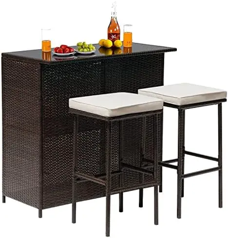 Wicker Patio Furniture 3 Piece Patio Bar Table Set Chairs Wicker Outdoor Rattan Bistro Set Glass Top Table and Two