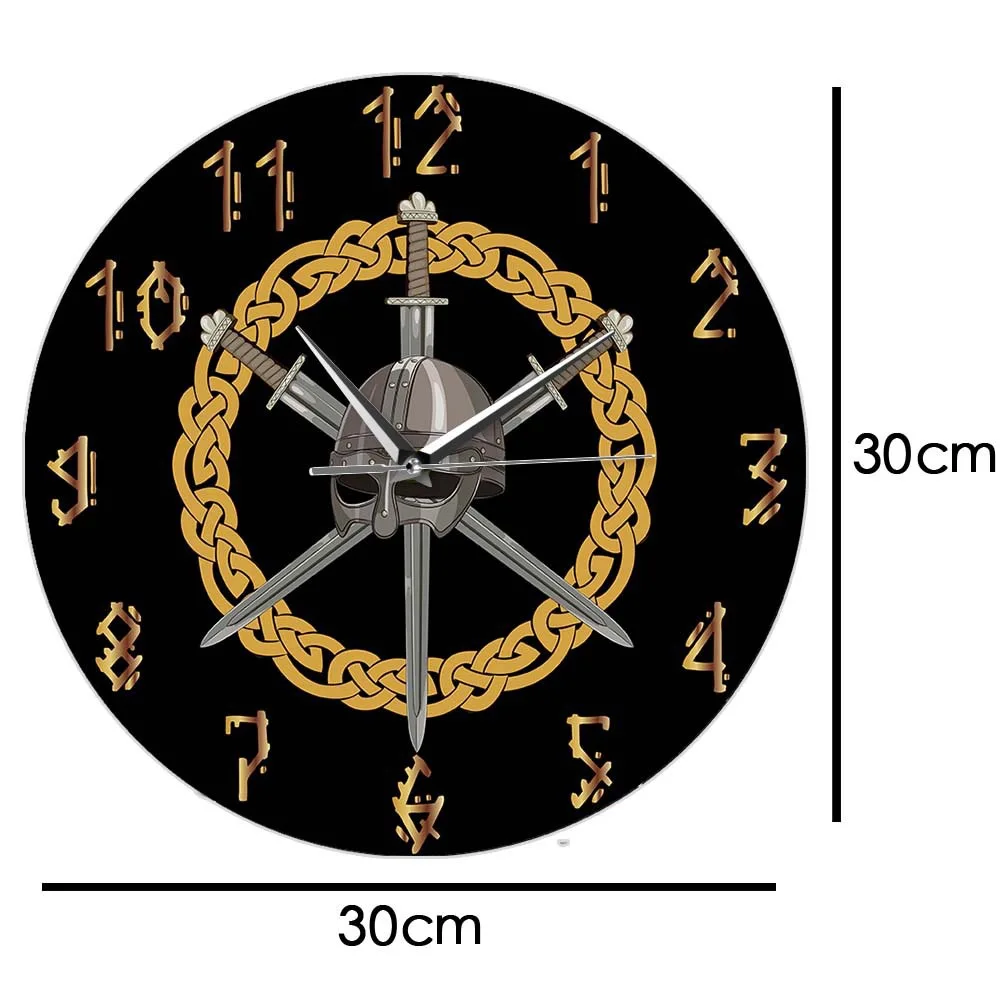 Viking Helmet Wall Clock Silent Medieval Sword Warrior Hanging Clocks Nordic Rune Decor Watch for Man Cave Boy Gift