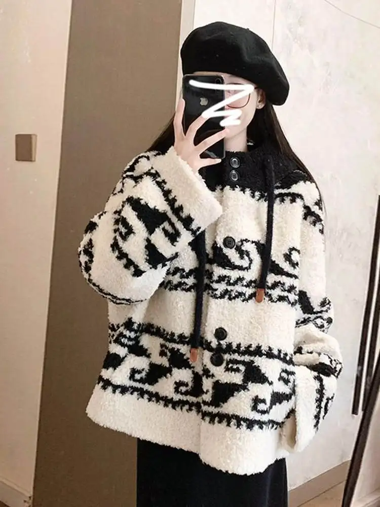 Veste coréenne en fourrure d'agneau pour femme, coupe ample, à capuche, automne-hiver, Faion, petite taille, haut décontracté amical