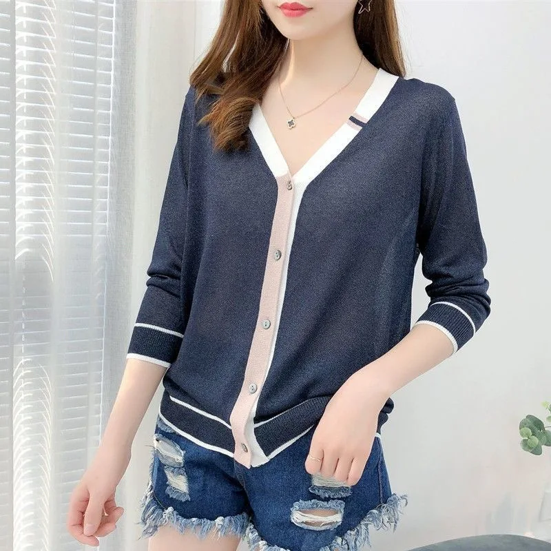 Spring Fall Casual V-Neck Long Sleeve Knitted Cardigan Women Korean Fashion Sweet Chic Loose Thin All-Match Basic Sweater Jacket