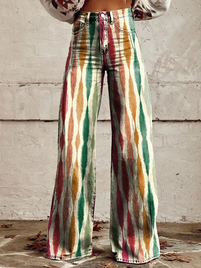 Women's trendy retro striped wide leg pants, casual, fashionable and comfortable women's long pants, tie dyed casual wide leg