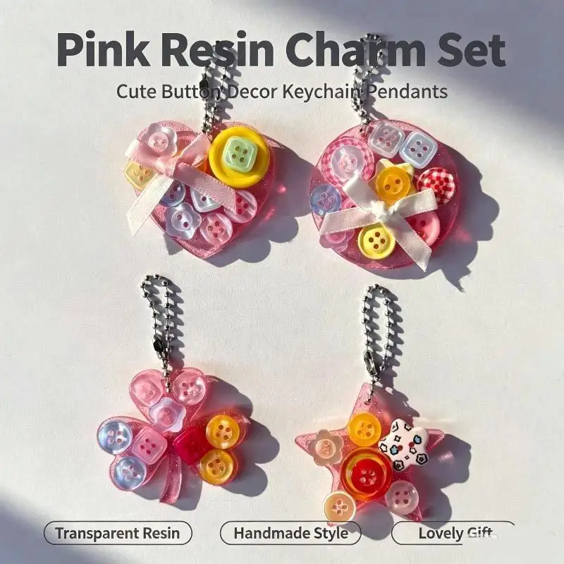Pink Glitter Resin Keychain for Girls Cute Colorful Buttons Bow Heart Star Clover Pendant Bag Charm Party Favor Souvenir