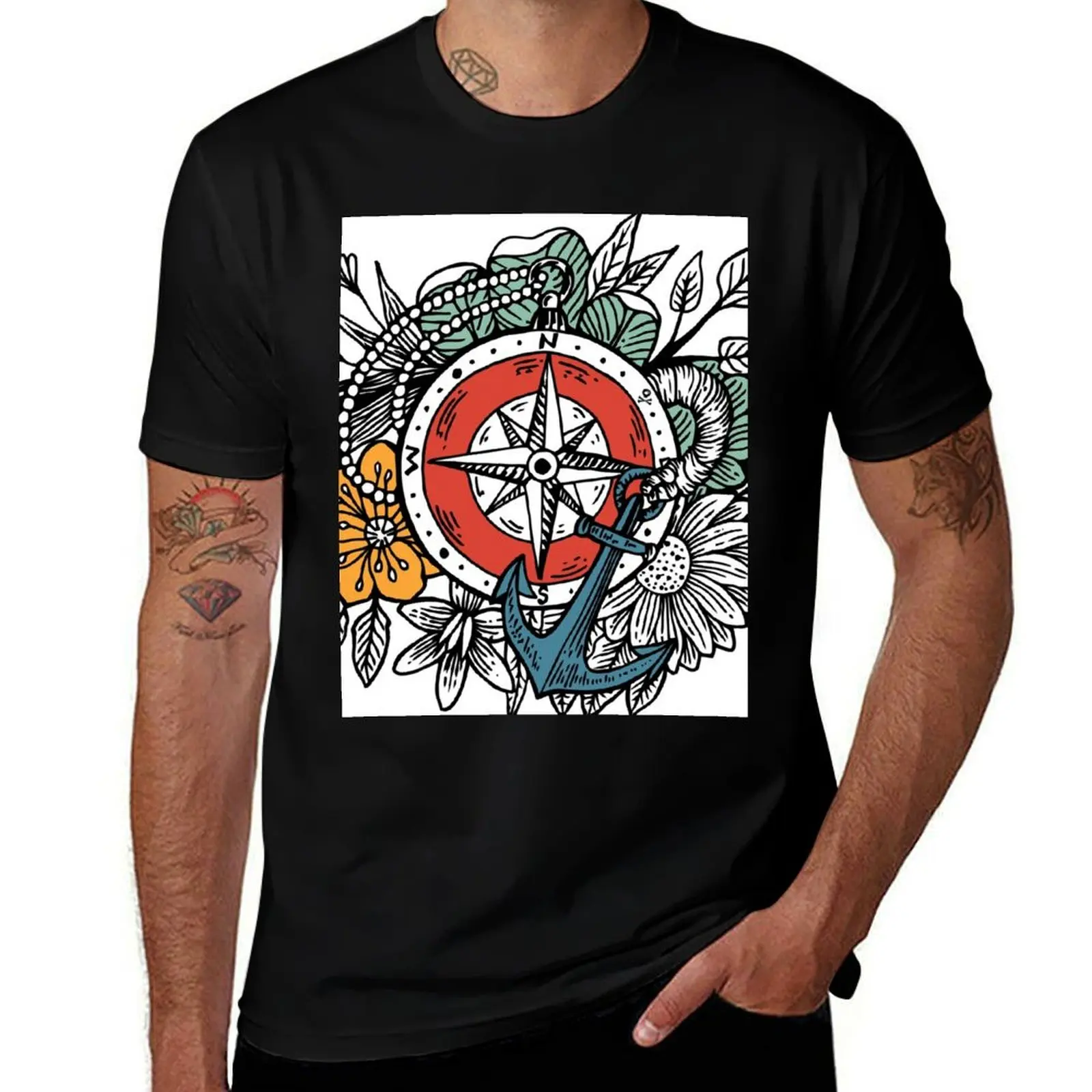 

Tropical Compass and Anchor T-Shirt Large Size Basic Casual T-Shirt