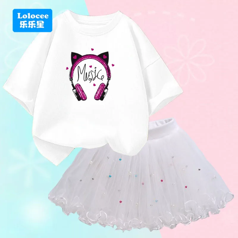Girls 2 Piece Outfit: Purple Music Headphone T-Shirt + Pink Tulle Tutu Skirt Set for Kids 3-14Y Cute Sparkle Party Clothes EJM1