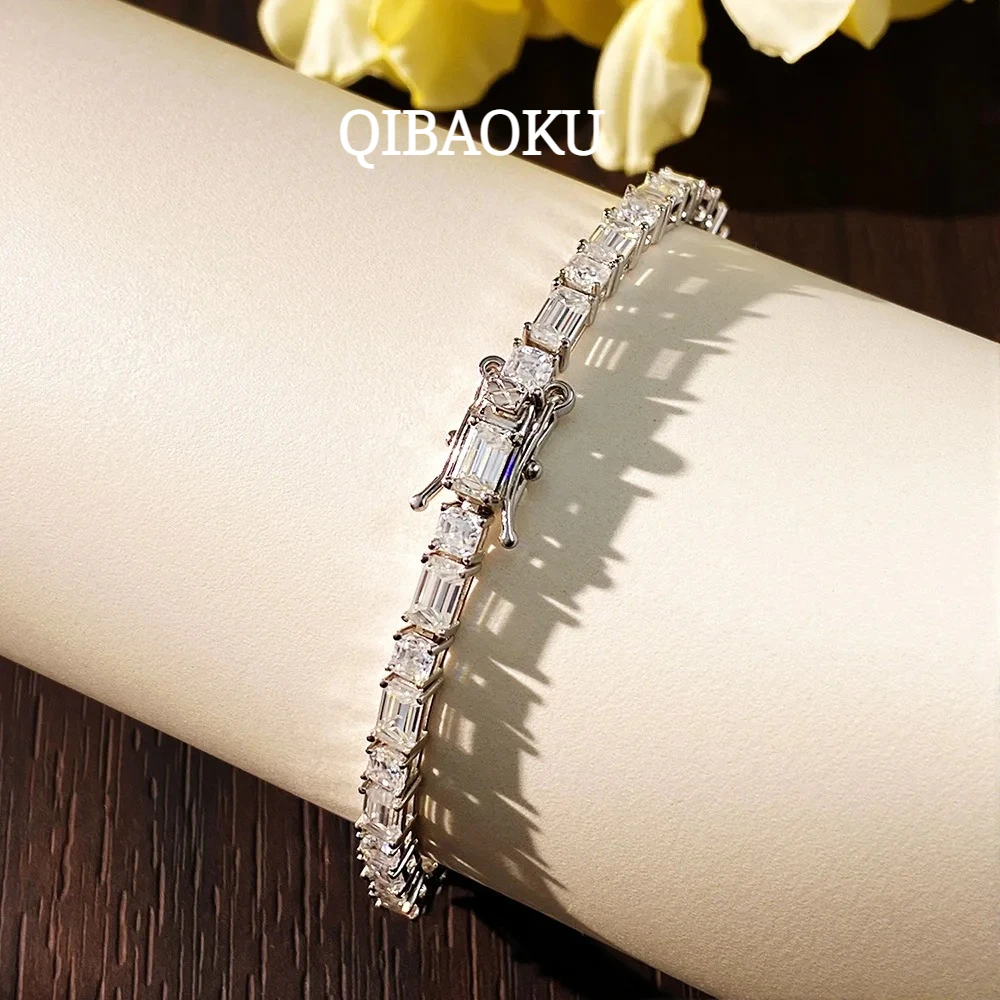 QIBAOKU Emerald/Ascher Cut Moissanite Tennis Bracelet s925 Sterling Silver Plated White Gold with GRA Bracelets for Women Man
