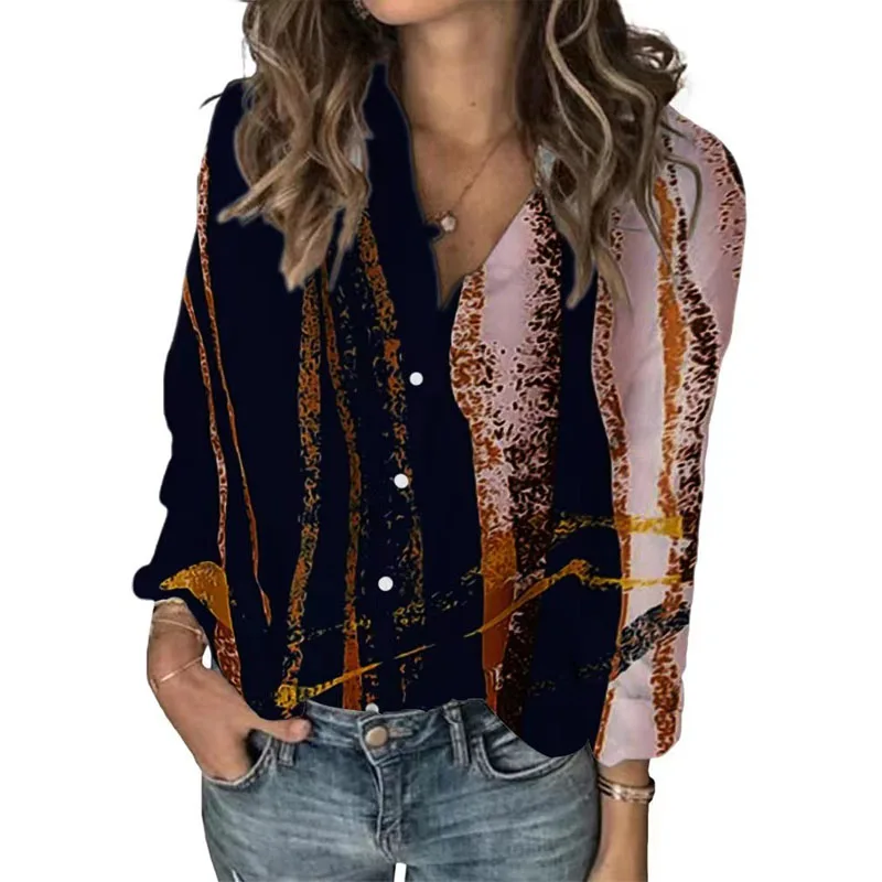 Camisa de manga larga con cuello de Polo para mujer, ropa informal versátil con botones de empalme, estampado a la moda, otoño e invierno, 2023