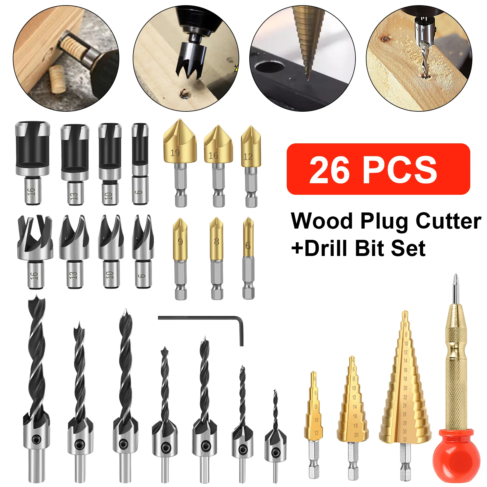 Conentool 2 In 1 Countersink Drill Bit Set Wood Plug Cutter Woodworking Drilling Tool Full Set for Woodworking 26pcs