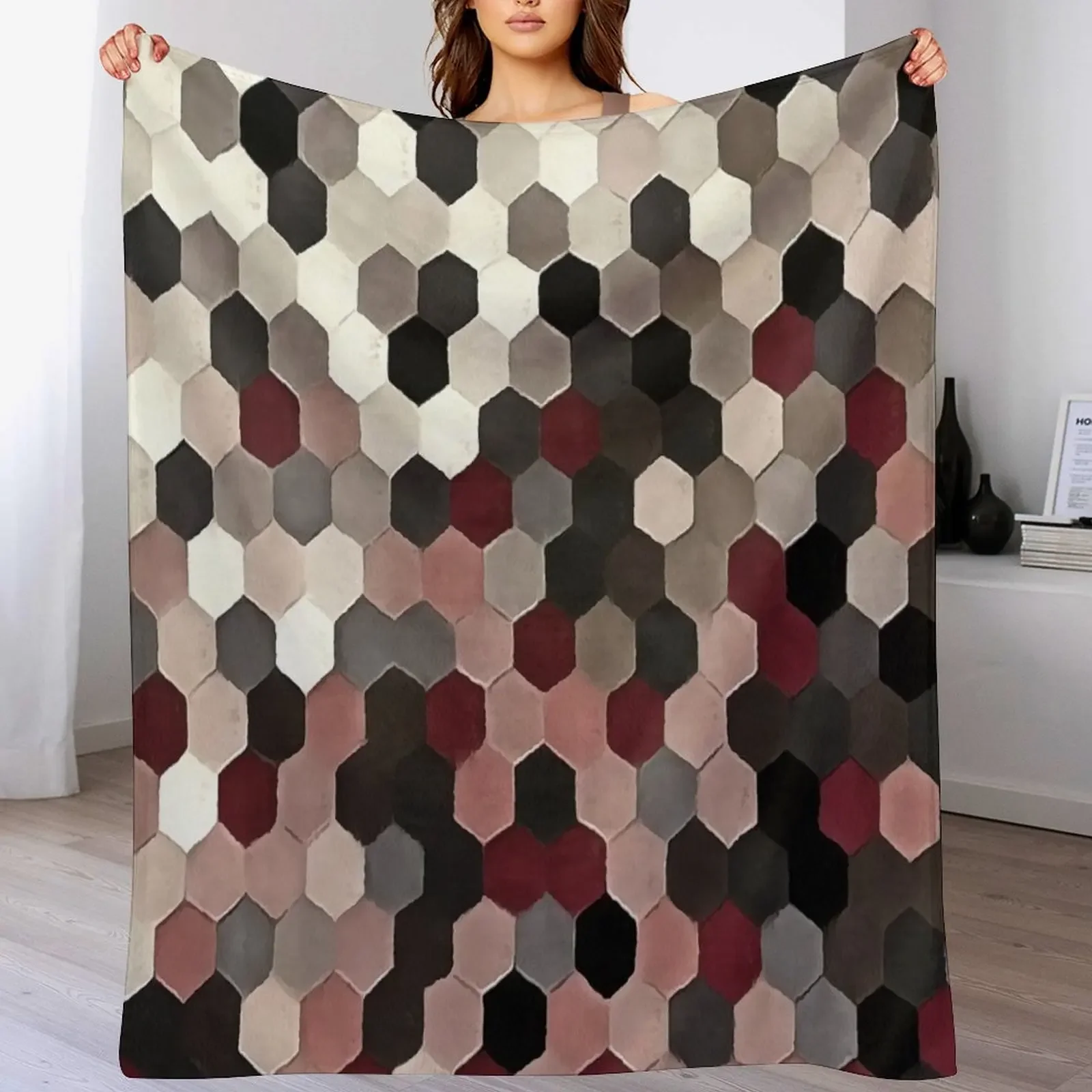 Hexagon Pattern In Gray and Burgundy Autumn Colors Painting Throw Blanket Travel Size Cozy Blanket for Plane Train