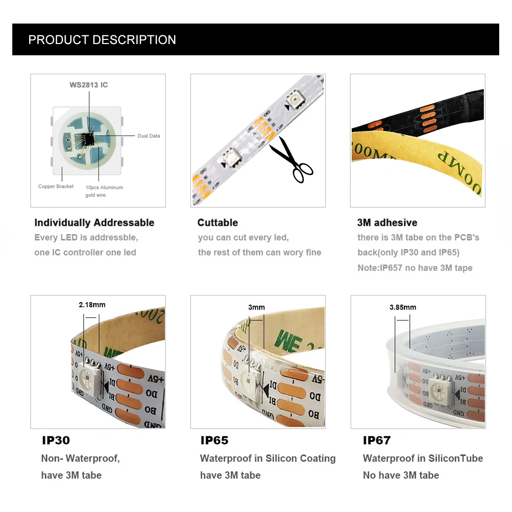 DC5V WS2813 Led Strip Light Individually Addressable Dual Signal Smart 5050 RGB IC 30 60 144 Pixels Waterproof Black White PCB