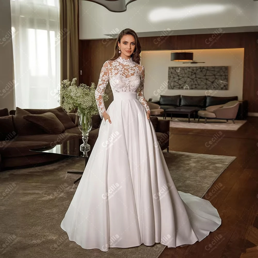 優雅なウェディングドレスヴィンテージブライダルドレスレースアップリケフルスリーブローブフォーマルパーティー用カスタマイズされたvestidosデノビア
