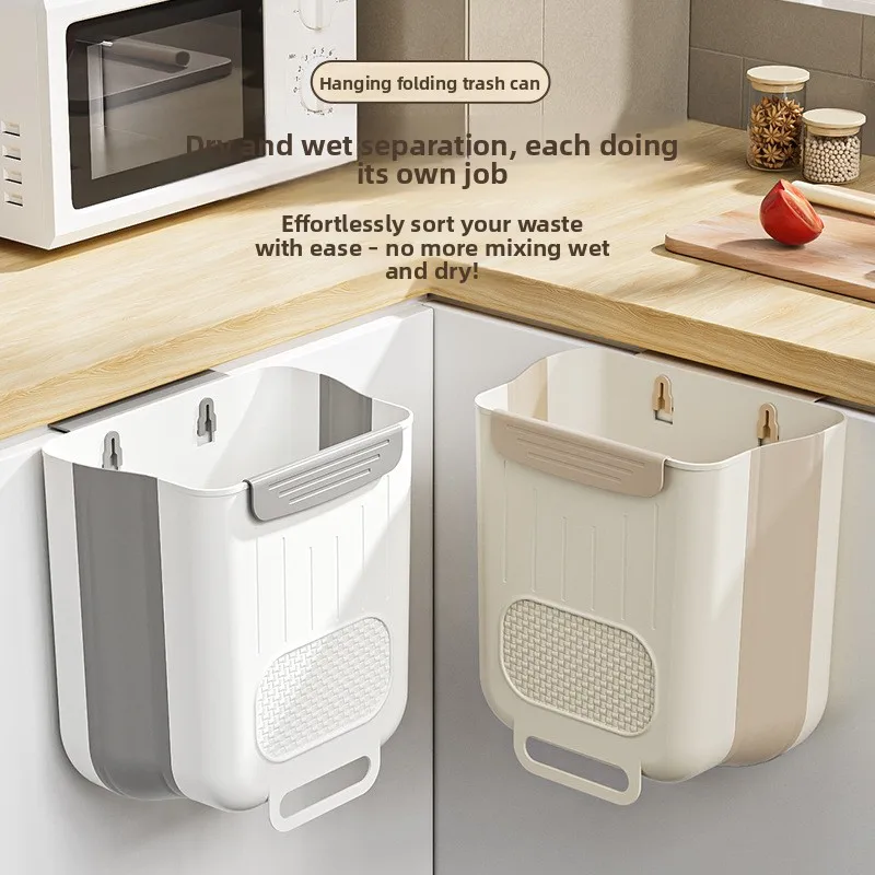 Kitchen Folding Trash Can Wall-mounted Storage Bucket with Scraper Foldable Without Punching