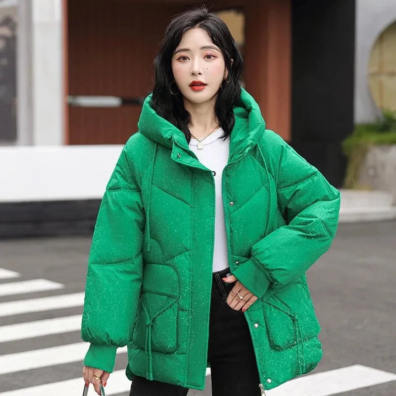 

2023 Winter Puffer Parkas Womens Casual Loose Hooded Down Cotton Coat Female Thicken Warm Winter Jacket Long Snow Wear Outwear