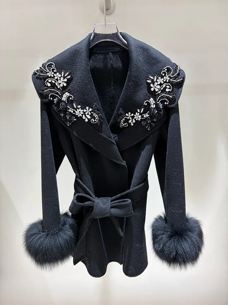 2026 New Women Autumn Winter Coats Cashmere Wool Blends Real Natural Fox Fur Cuff Belt Slim Style Female Outerwear