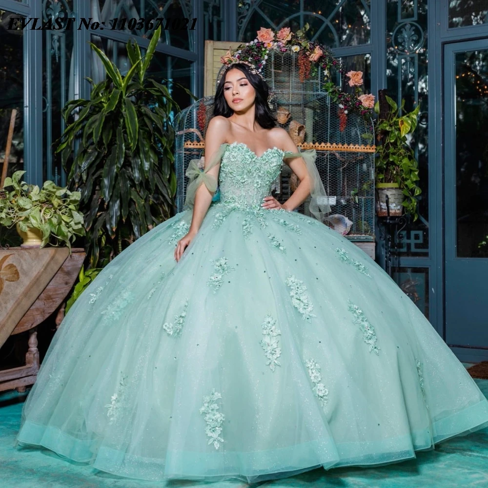 EVLAST-Robe de Rhmexicaine Sage Quinnceanera, appliques en dentelle brillante, bretelles perlées, corset, Sweet 16, 15 Anos, SQ468