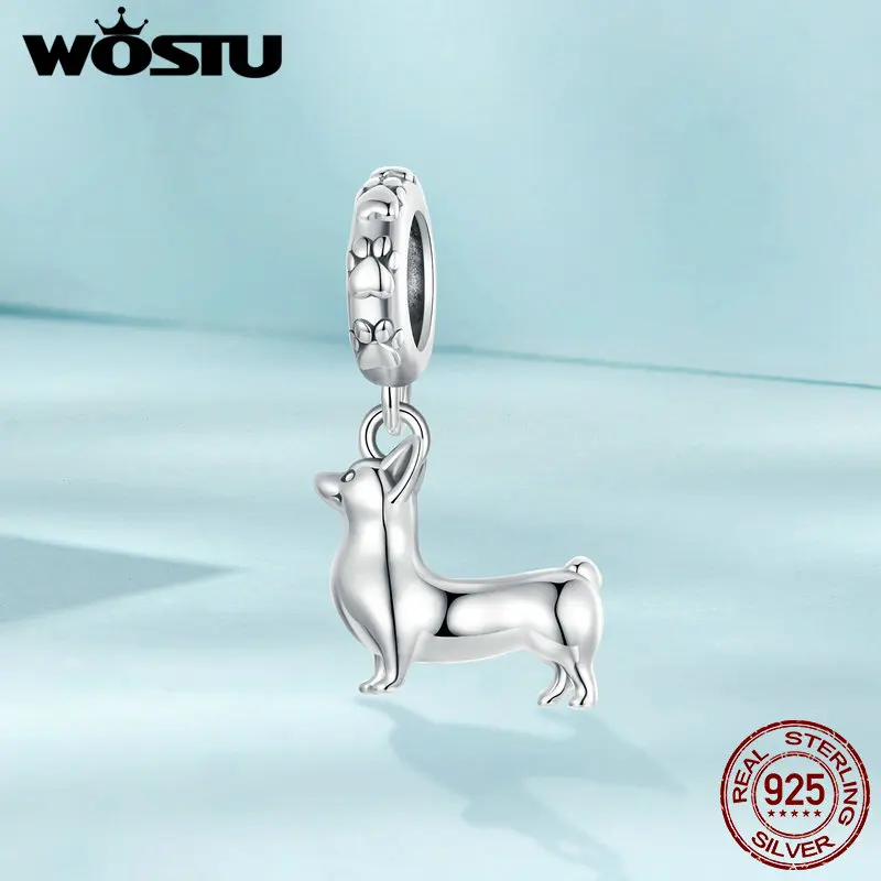 WOSTU 925 Sterling Silver Corgi Dog Charm Dachshund Pendant Fit Original Bracelet Necklace Special Girl Birthday DIY Gift