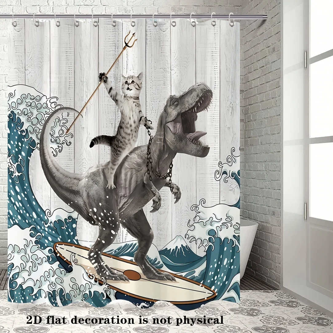 

Funny T-Rex Cat Shower Curtain Waterproof Fabric Bathroom Curtains Dinosaur Surfing Bath Screen Divider Home Decor With Hooks