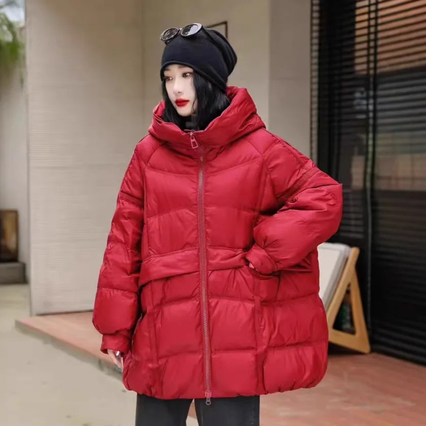 2025, Winter europäische Damen-Daunenjacke, Pendler-Kapuze, warme High-Street-Jacke