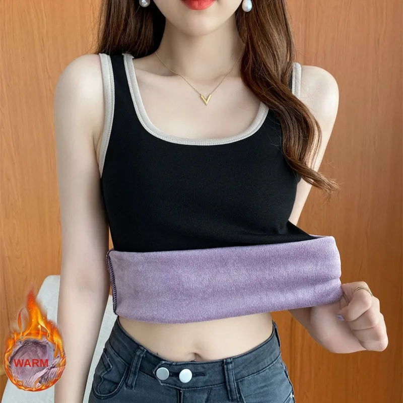 

Winter Warm Vest Warm Top Women Underwear Solid Color Casual Nightwear Sexy Elasticity Female Velvet T-shirt Sleeveless Tops