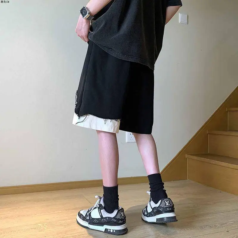 Denim Men's Summer Shorts Design Sense High Street Versatile Shorts Boys Contrasting Colors Irregular Splicing Ripped
