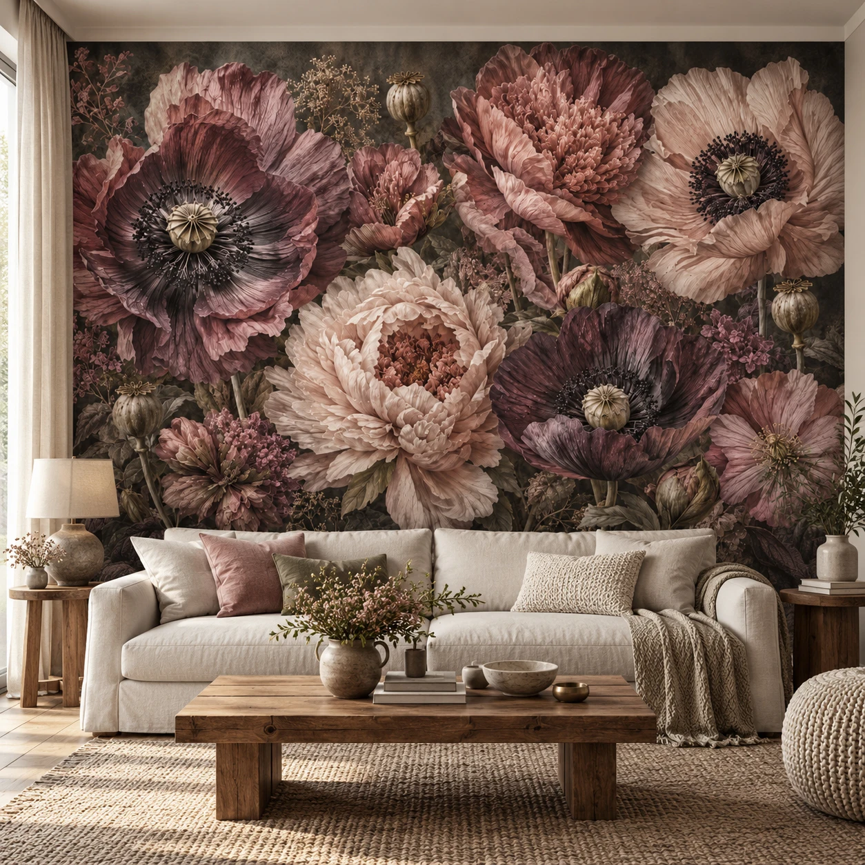 Large Dark Moody Floral Wall Mural Wallpaper Burgundy Poppy Peony Botanical Living Room Bedroom Non Self Adhesive Paste Required
