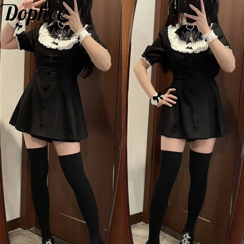 

Dophee Japan Style Women Two-piece Set Elegant Lace Ruffles Puff Short Sleeve Shirt Bow Top + A-line Shorts Skirt Lolita Suits