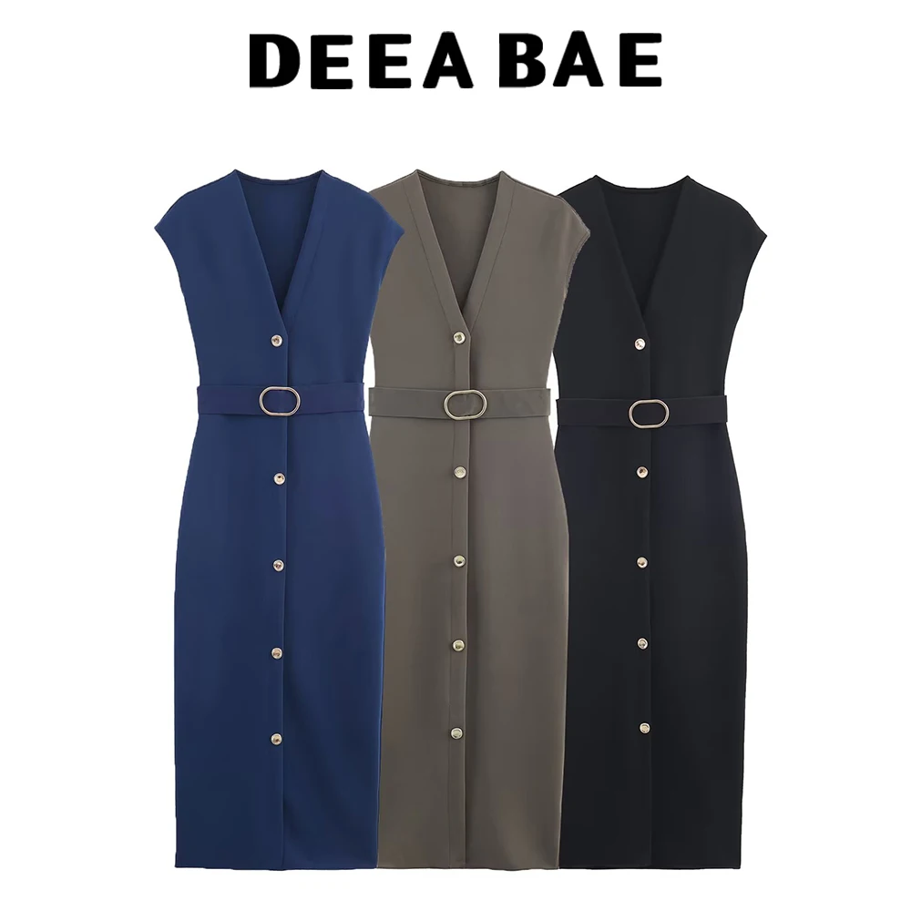 DEEABAE 2025 Autumn New Product Women's High end Sensual Matching Belt Mid length Waist Collection Knitted Dress