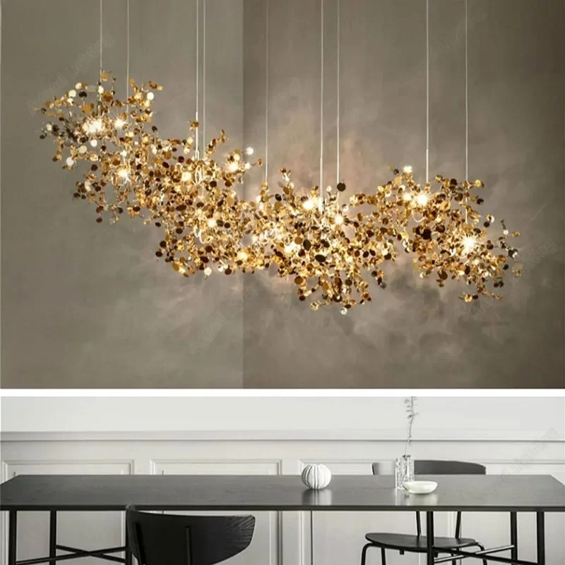 

LED Chandelier Stainless Steel Chrome Leaf Personality Art Decor Living Dining Room Bar Table Hanging Lighting