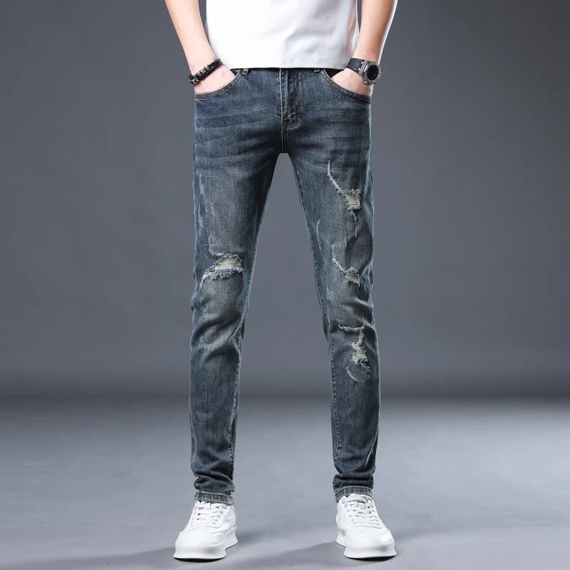 spring and autumn retro slim fit small foot elastic casual pant  skinny ripped Distressed jeans men  cargo pants men