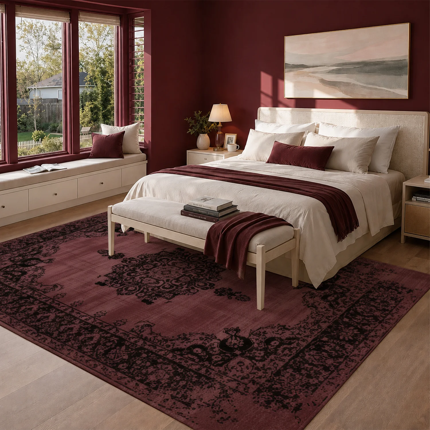 Large Indoor Area Rug Soft Velvet Low Pile Non-Slip Dotted Backing Machine Washable Vintage Pink Medallion Oriental Rug for Living Room Bedroom