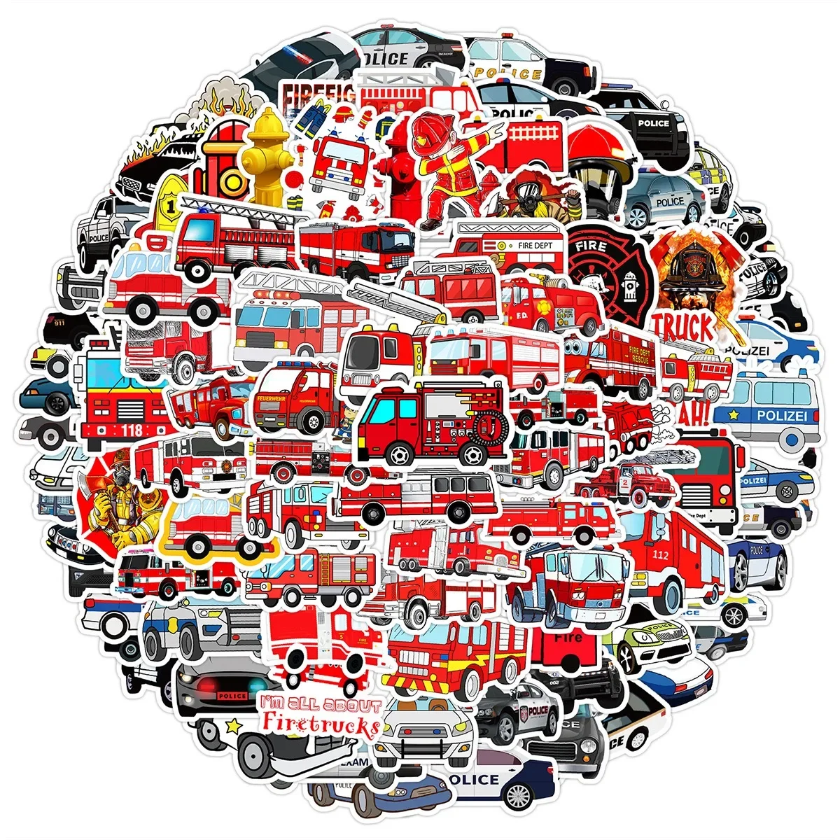 

10/50/100PCS Fire Truck And Police Car Graffiti Stickers for DIY Toy Scrapbook Suitcase Water Bottle Phone Laptop Guitar Decals