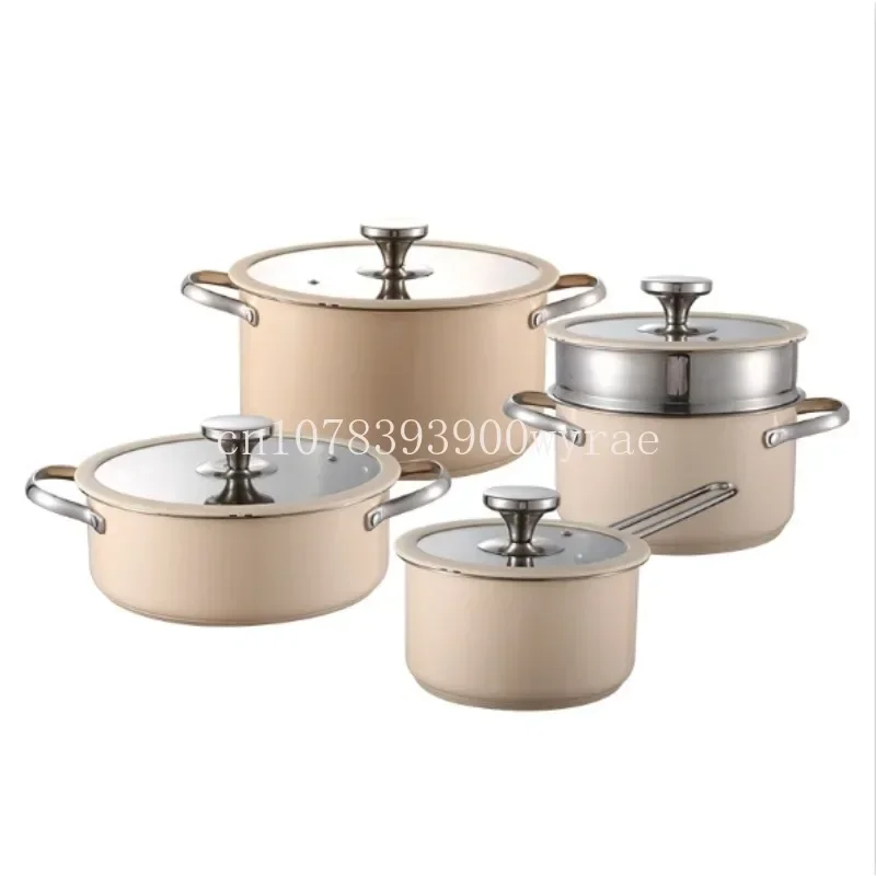 Stainless steel 304 pot ceramic paint soup pot milk pot steamer seafood pot silicone glass cover 4-piece set