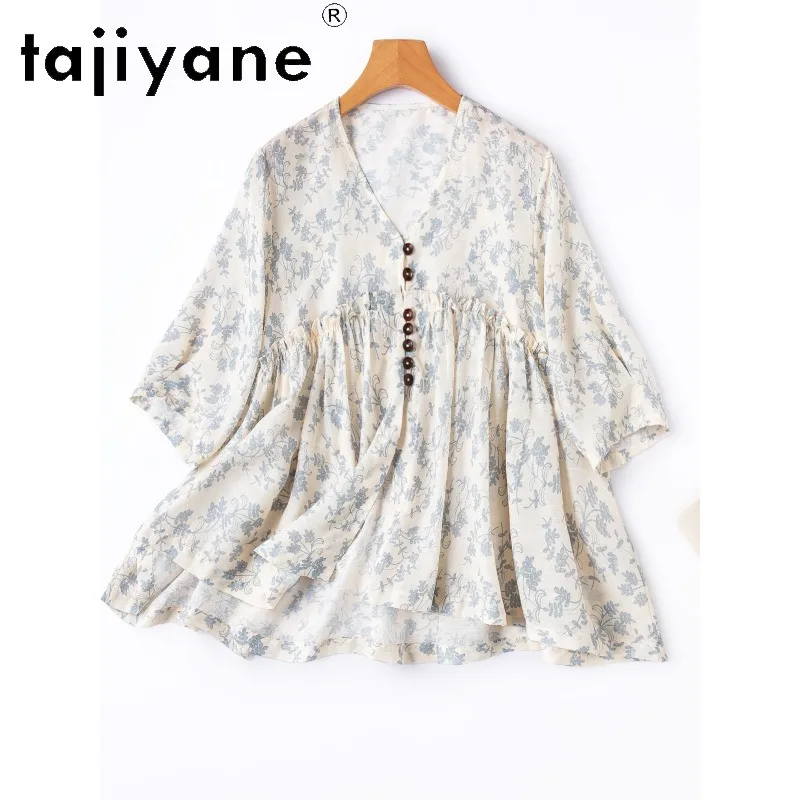 TAJIYANE 50% Mulberry Silk 50% Cotton Shirt Women Jacquard Blouse V-neck Summer Tops for Woman Clothing Skin-friendly Camisas