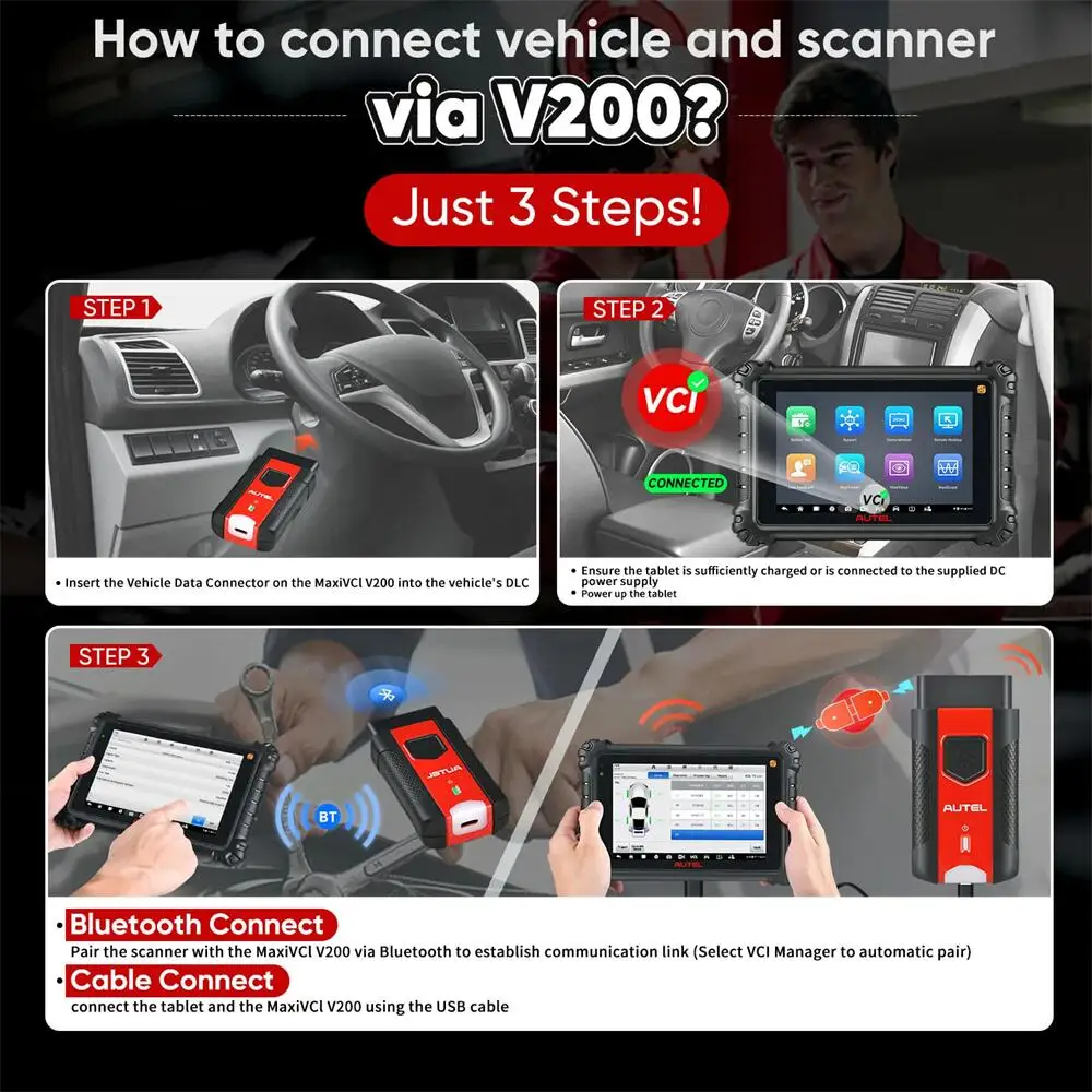 Autel MaxiVCI V200 Bluetooth Connector, Vehicle Communication Interface, Support CAN FD, Compatible with Autel KM100 / MS906Pro