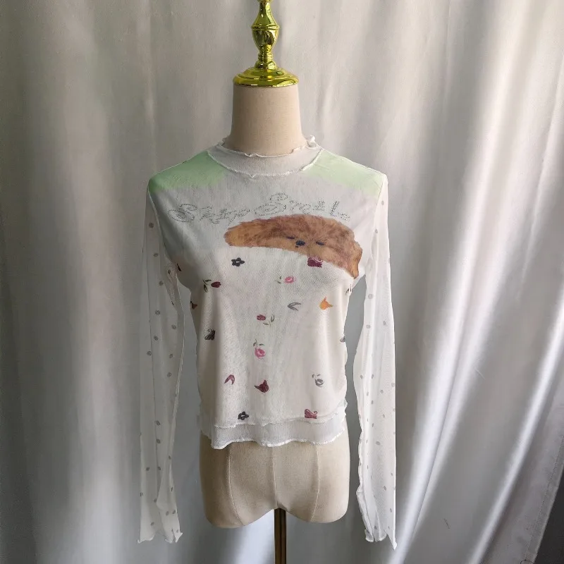 Kimotimo Floral Puppy Letter Diamonds Mesh Fake Two Piece T-shirt Women 2026 New See Through Slim Dot Long Sleeve Crop Top Tees