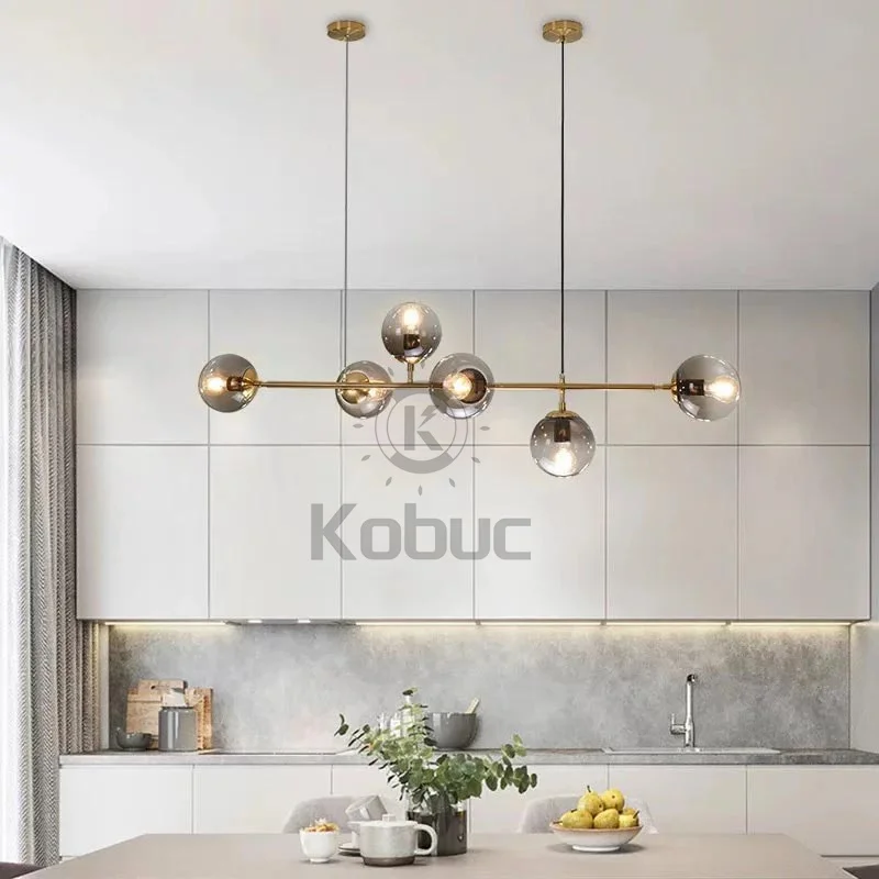 Kobuc Nordic Art Strip Glass Pendant Light Modern Model Room Kitchen Island Glass Ball LOFT Bronze Black Chandelier Hanging Lamp