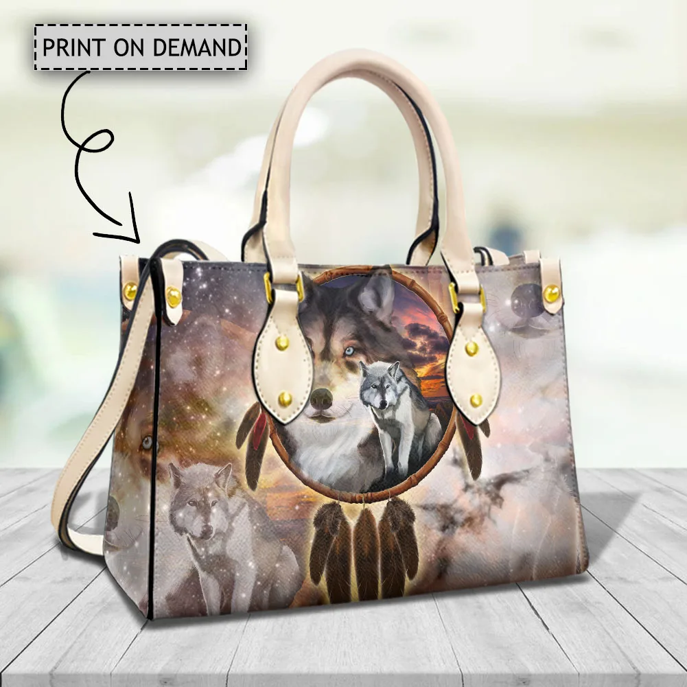 New Trendy Tribal Wolf Design Handbags For Women Premium Leather Shoulder Bags Dream Catcher Retro Galaxy Female Elegant Totes