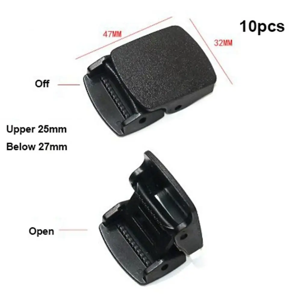 10pcs 블랙 바인딩 스트랩 압력 버클 클립 플라스틱 부품 조정 버클 10 스타일 리본 벨트 버클 수하물 액세서리
