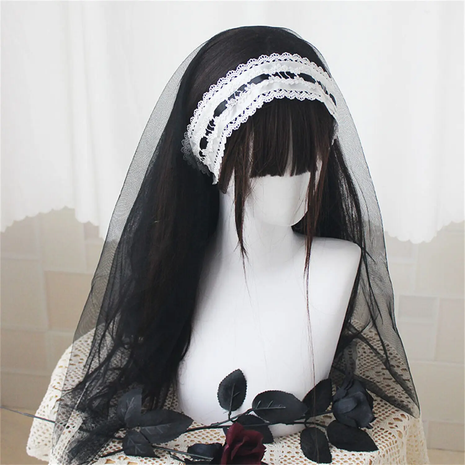 Gothic Lolita Black Veil Headpiece Nun Cosplay Costume Accessories Women Girl Halloween Carnival Party Role Play Headscarf