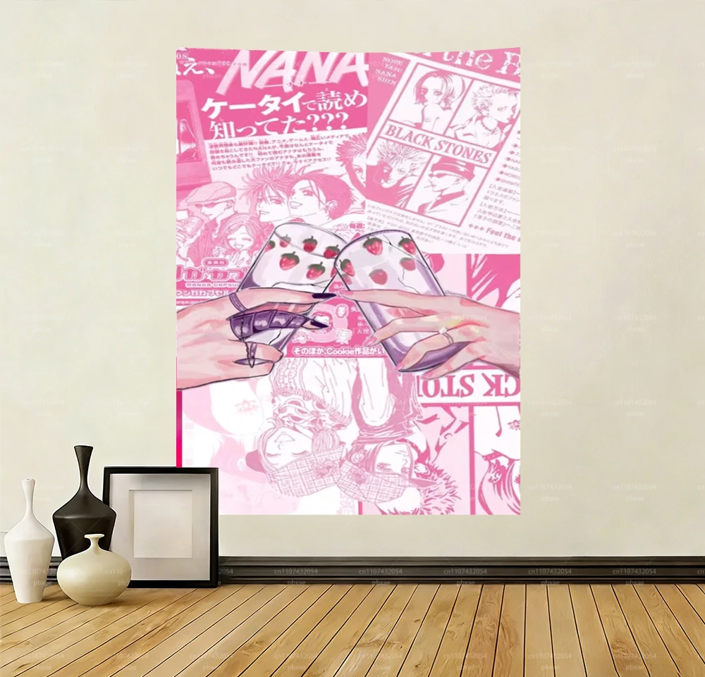 1 Stück NANA Leinwandgemälde im Rosa Comic-Stil Wandteppich, mit Erdbeer-Muster und High-Heel-Illustration Diese Wanddekoration