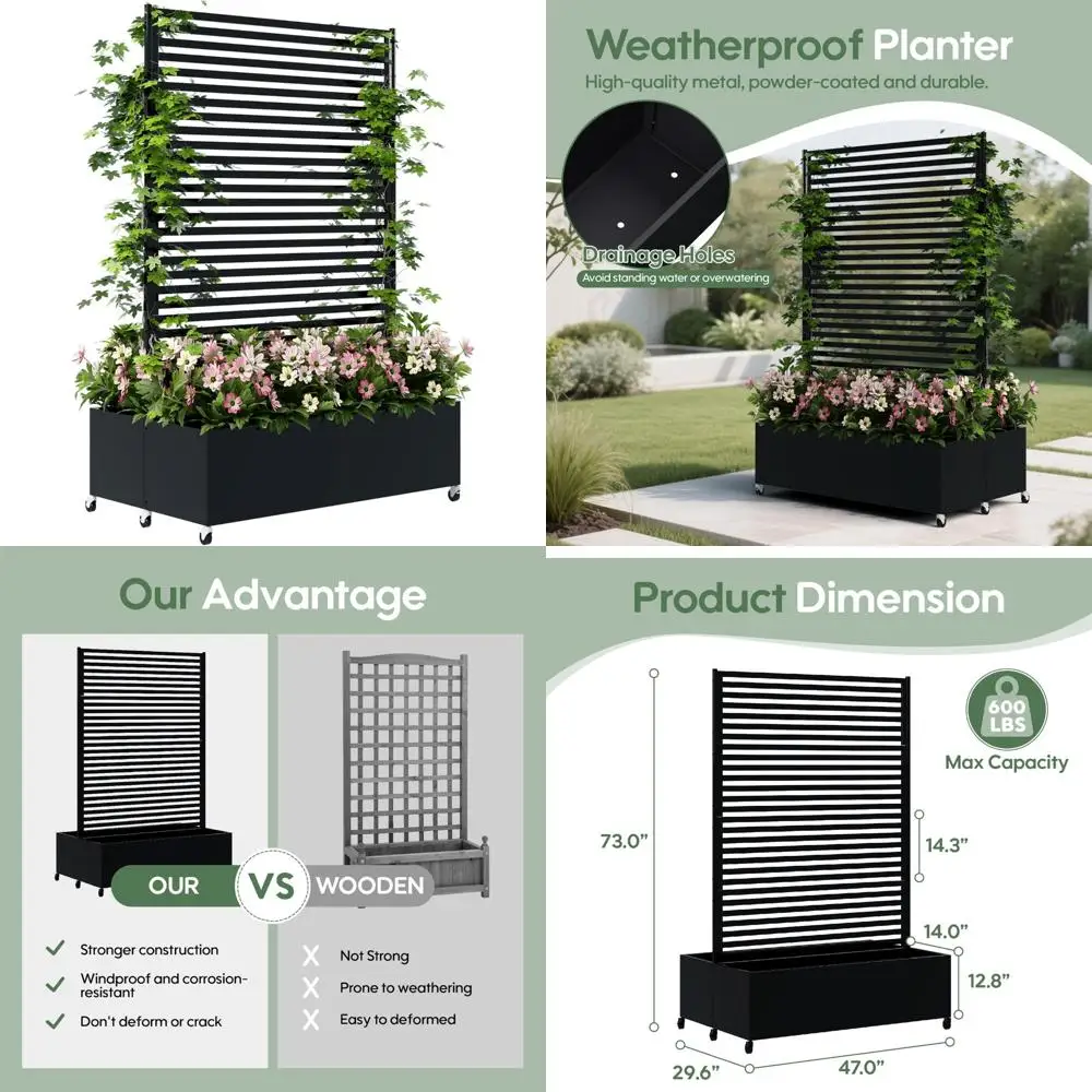 

Outdoor Metal Planter Boxes with Trellis Privacy and Rolling Garden Bed for Raised Gardening with Drainage