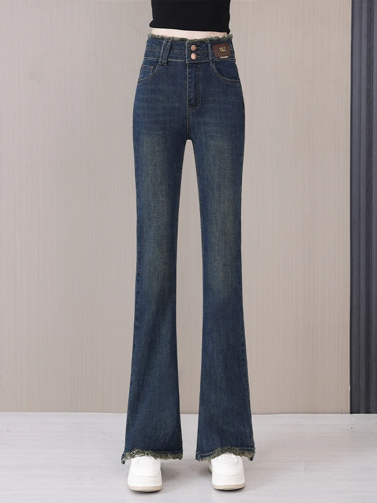 

Женские джинсы с высокой талией, на флисовой подкладке, расклешенные, осенне-зимние, новый стиль, ретро, облегающие, рваные, джинсовые брюки-клеш