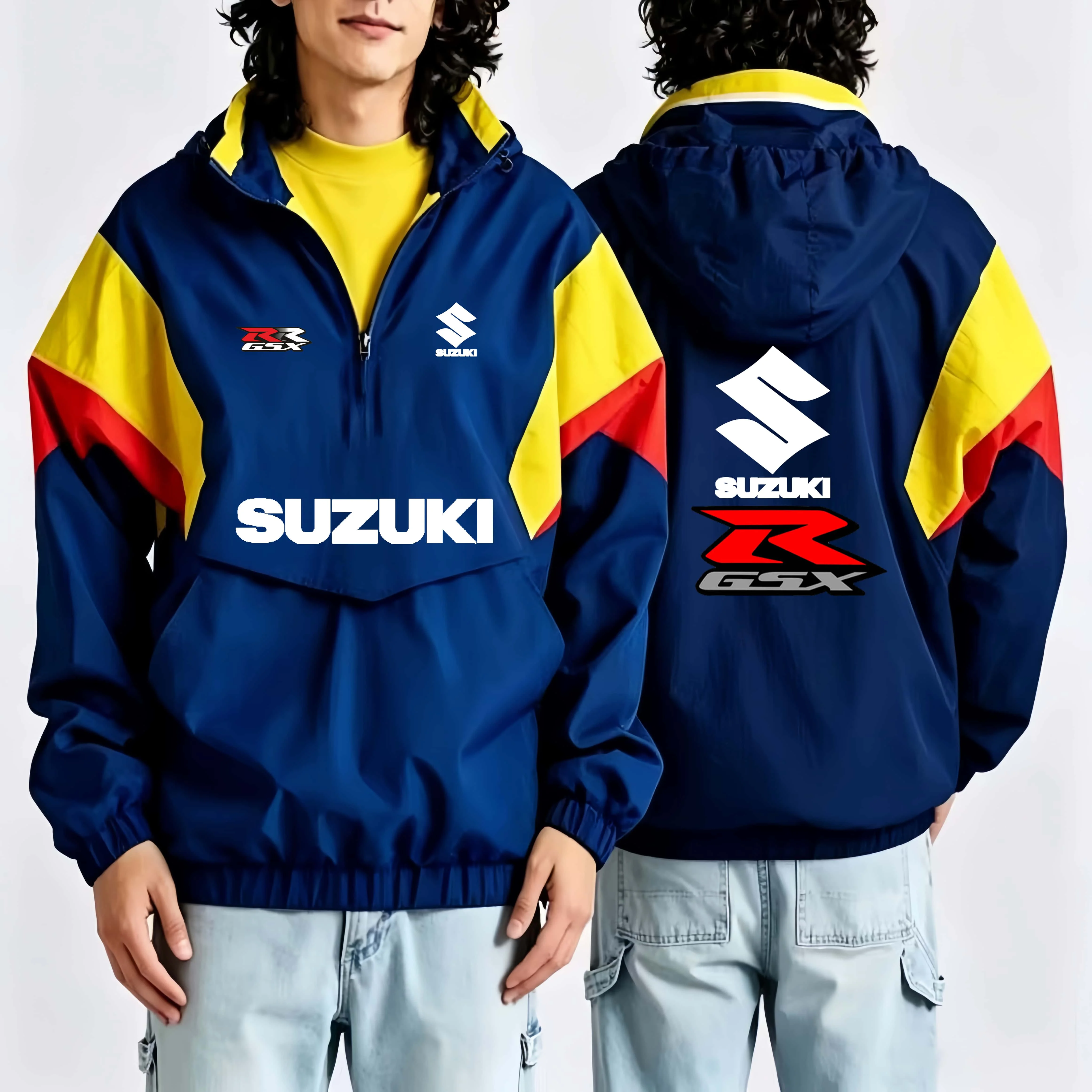 Suzuki Jacket Half-Zip Pullover Hoodie Jacket Retro Color-Block Outdoor Sports Windproof Coat Suzuki Unisex Jacket Clothing