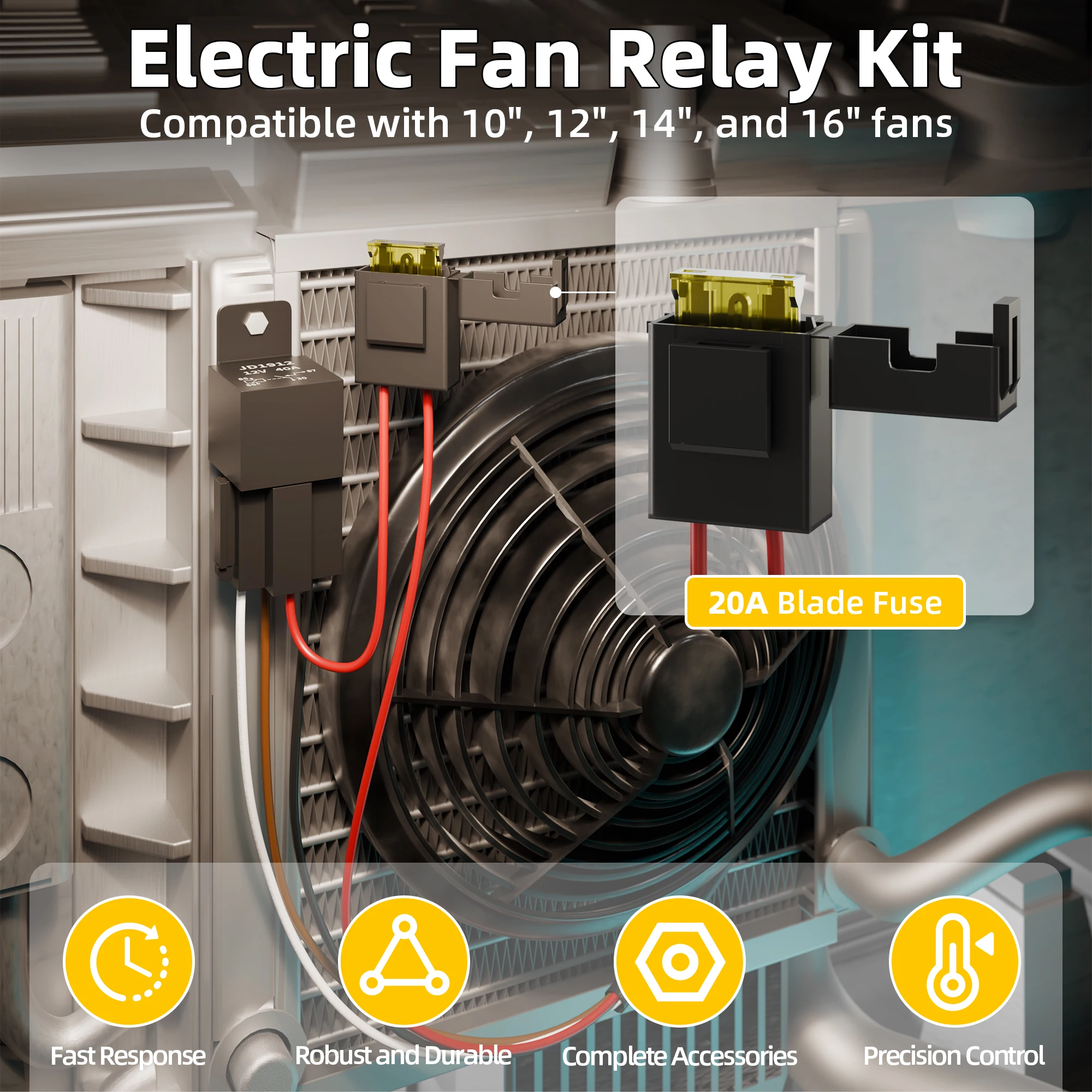 40 AMP Electric Fan Relay Kit Electric Cooling Fan Thermostat Kit with 185 On 175 Off Temperature Switch Waterproof Kit For Cars