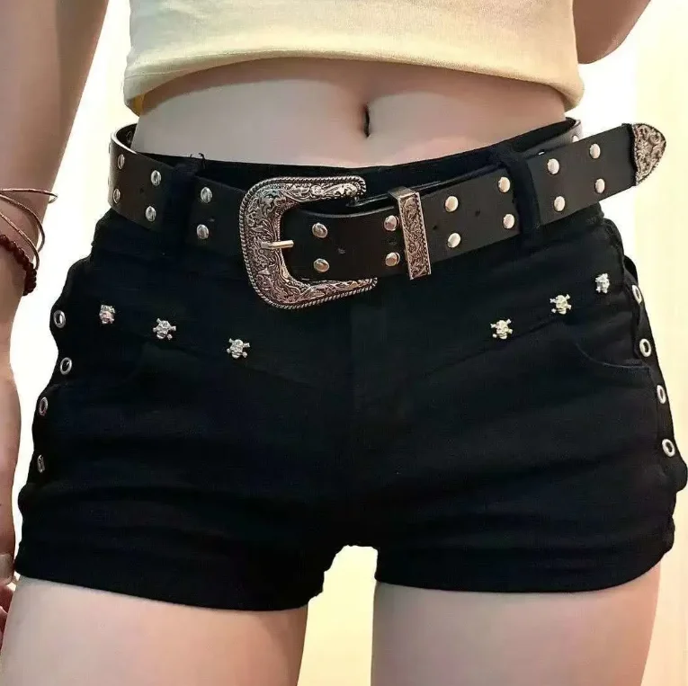 Dark Y2K Hip Hugging Black Pants with Rivets, Denim Shorts with Waistband, Women's Summer Sexy and Spicy Ultra Short Jeans