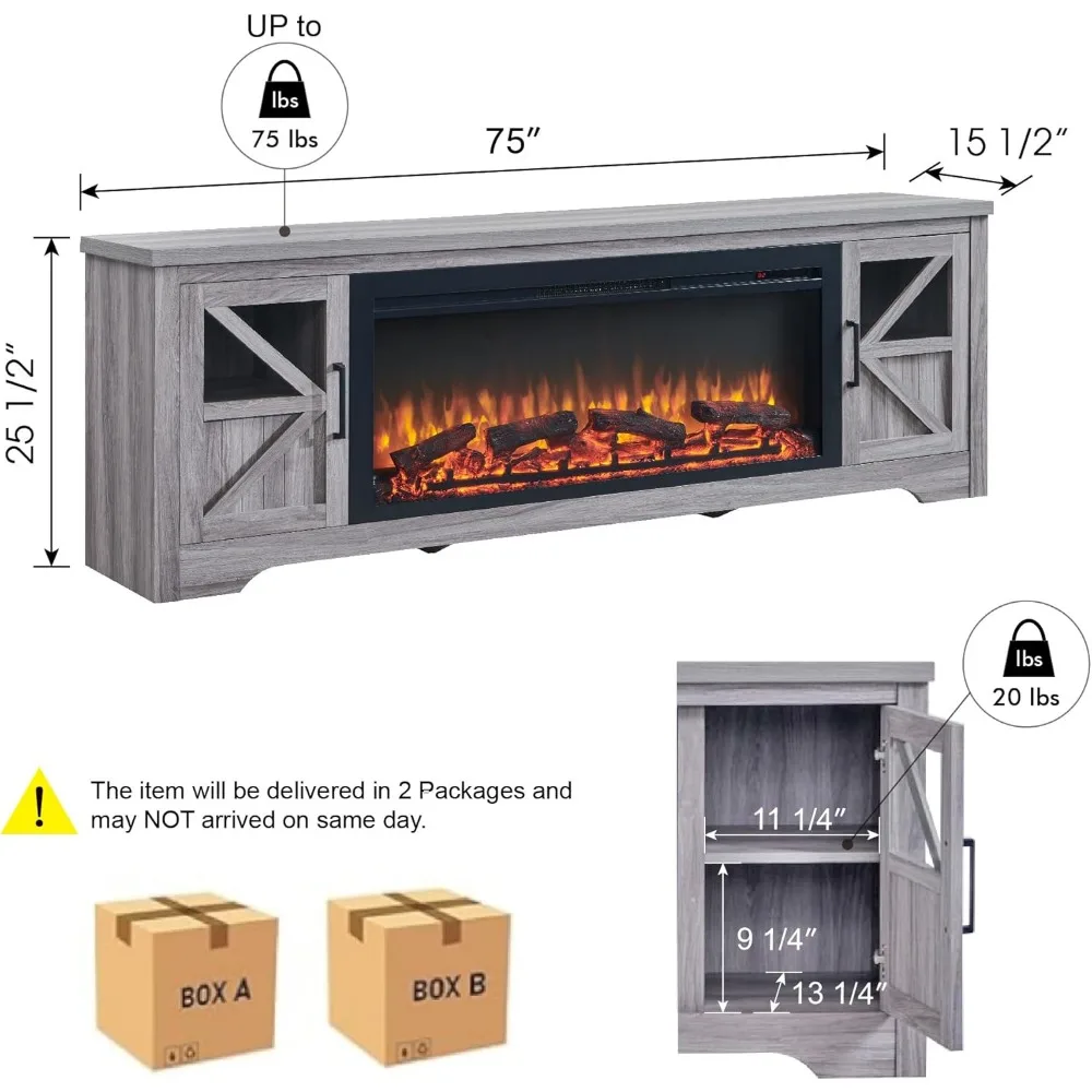 素朴な農家風スタイルのテレビスタンド、暖炉付きエンターテイメントセンター、最大85インチのテレビに対応、44ヒーター、3D炎効果、A付き