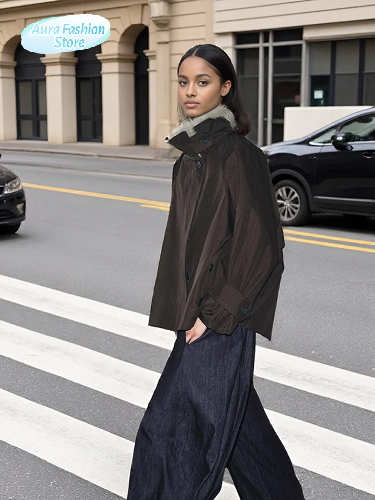 

Women Fur Collar Patchwork Coat Fashion Solid High Collar Long Sleeve Zipper Outerwears Lady Daily Commuting Street Short Coats
