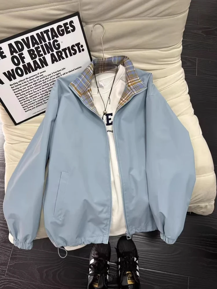 

Blue Plaid Splicing Men's Jaet Autumn Retro Design American Collar Couple's Jaet Stand Fit Long Sve Warmth Youth Fa...