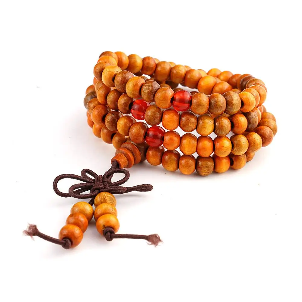 Chinese Style Small Leaf Red Sandalwood Buddhist Beads String Necklace Multilayer Lacquer Women Men Rosary Bracelet Beads Knot