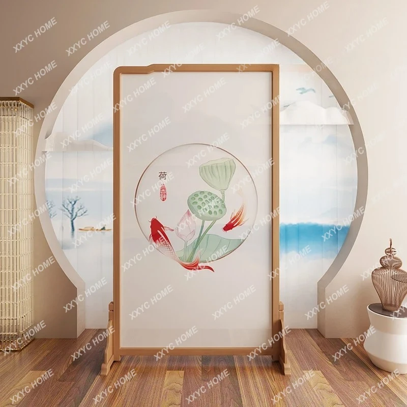Lscreen partition solid wood living room entrance new Chinese lotus fabric tenon and mortise design can be customized