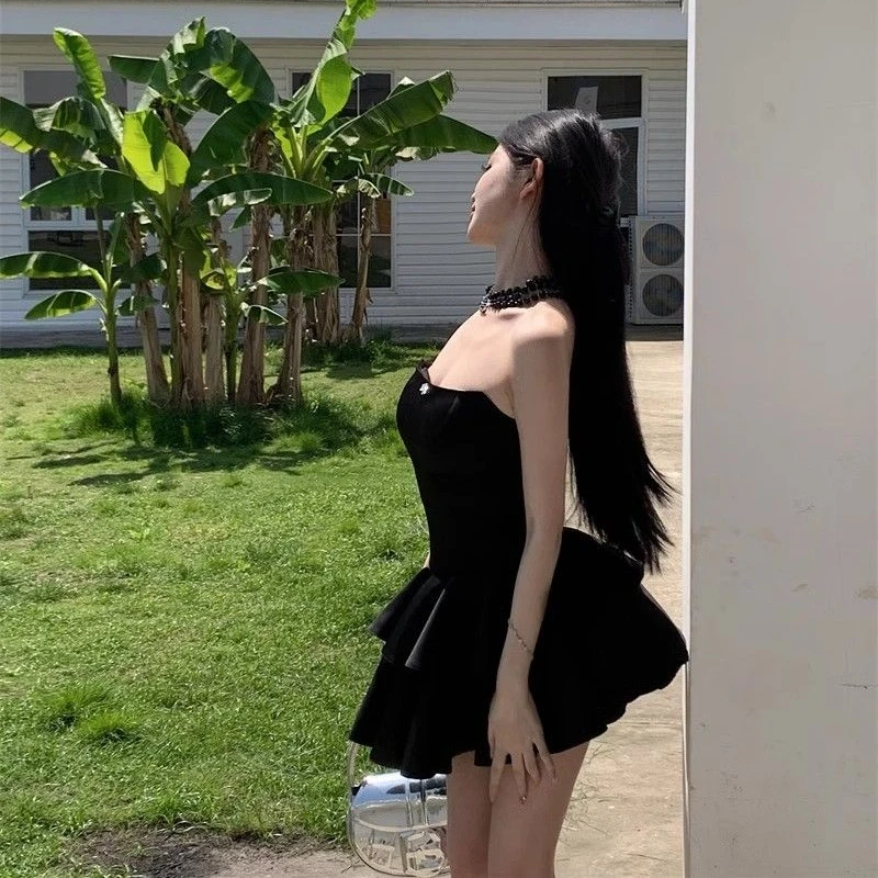 HOUZHOU Black Strapless Sweet Satin Dresses Woman Mini Sleeveless Short Dress Coquette Aesthetic Ruffle Bodycone Summer Chic